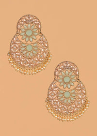 Green Stone And Crystal Studded Earrings In Floral Pattern With Dangling Pearls Online - Kalki Fashion