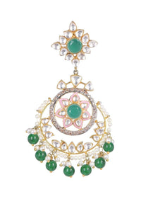 Green Stone Earrings With Kundan, Stones, Pearls And Beads In Flower Pattern Online - Kalki Fashion