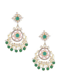 Green Stone Earrings With Kundan, Stones, Pearls And Beads In Flower Pattern Online - Kalki Fashion