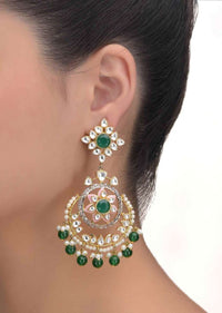 Green Stone Earrings With Kundan, Stones, Pearls And Beads In Flower Pattern Online - Kalki Fashion