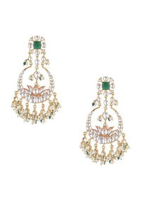 Green stone gold plated crescent danglers enhanced with kundan and pearls only on Kalki