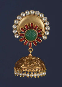 Green Stone Studded Carved Jhumkas In Floral Motif With Kundan And Pearls Online - Kalki Fashion