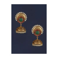 Green Stone Studded Carved Jhumkas In Floral Motif With Kundan And Pearls Online - Kalki Fashion