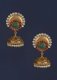 Green Stone Studded Carved Jhumkas In Floral Motif With Kundan And Pearls Online - Kalki Fashion