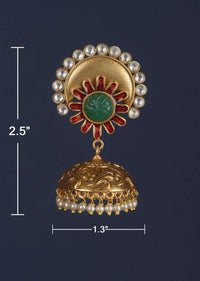 Green Stone Studded Carved Jhumkas In Floral Motif With Kundan And Pearls Online - Kalki Fashion