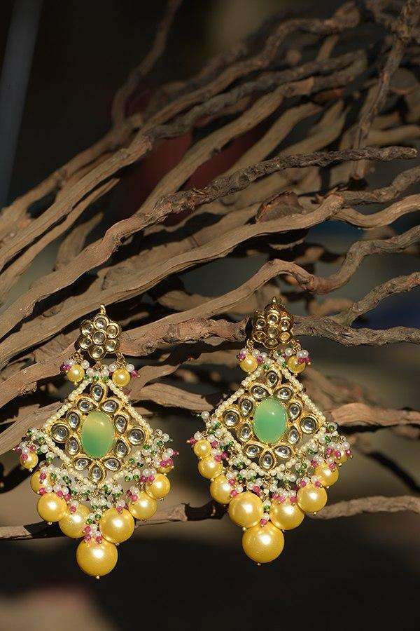 Green Stone Studded Ethnic Earrings With Kundan And Dangling Colorful Beads And Yellow Pearls