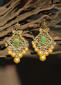 Green Stone Studded Ethnic Earrings With Kundan And Dangling Colorful Beads And Yellow Pearls
