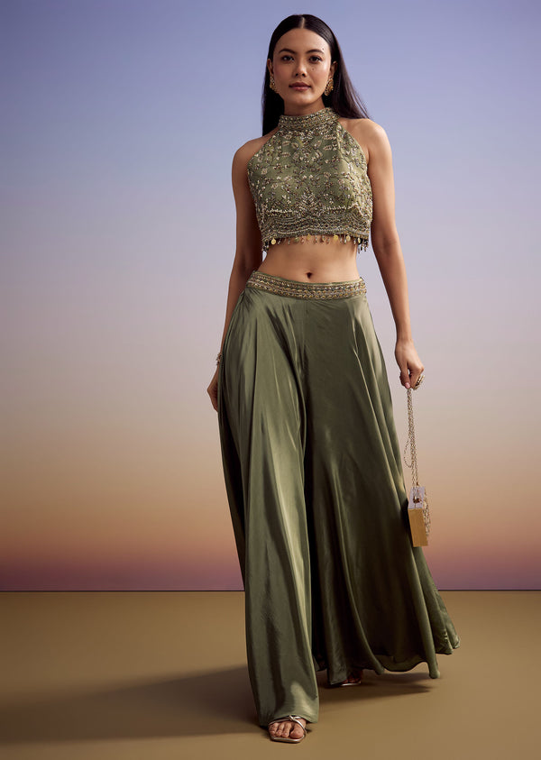 Green Tissue Crop Top Set With Embroidery