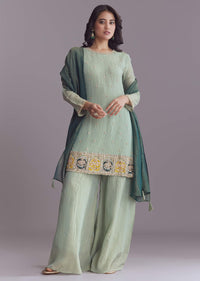 Green Tissue Palazzo Suit With Embroidery And Contrast Dupatta