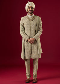 Green Tussar Sherwani Set With Zardosi Work