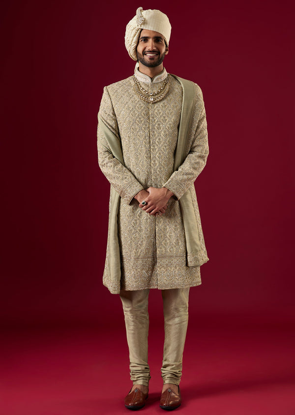 Green Tussar Sherwani Set With Zardosi Work