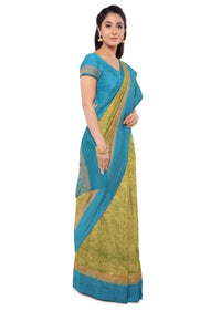 Green two toned banarasi saree with blue blouse piece only on Kalki