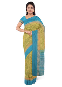 Green two toned banarasi saree with blue blouse piece only on Kalki