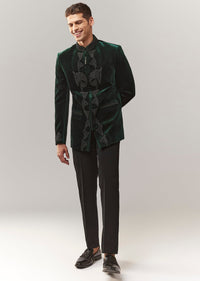 Green Velvet Jodhpuri With Cutdana Work