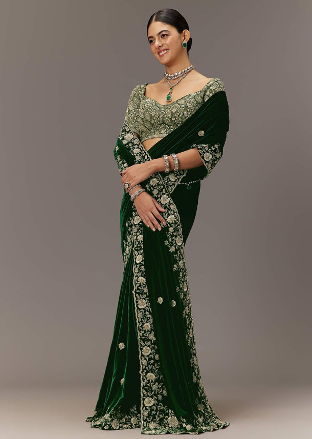 Green Velvet Saree With Brocade Embroidered Blouse