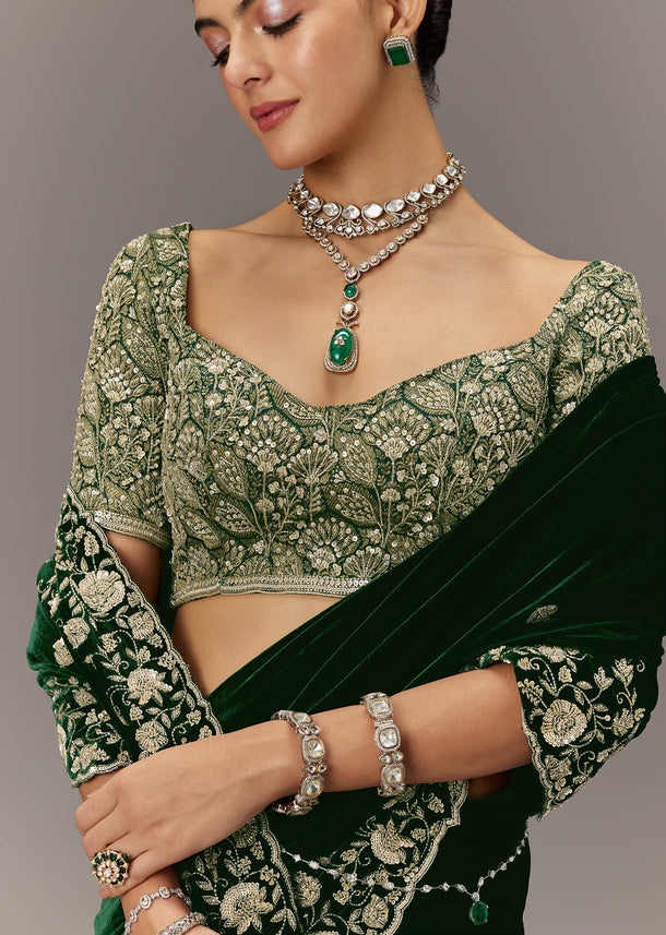 Green Velvet Saree With Brocade Embroidered Blouse