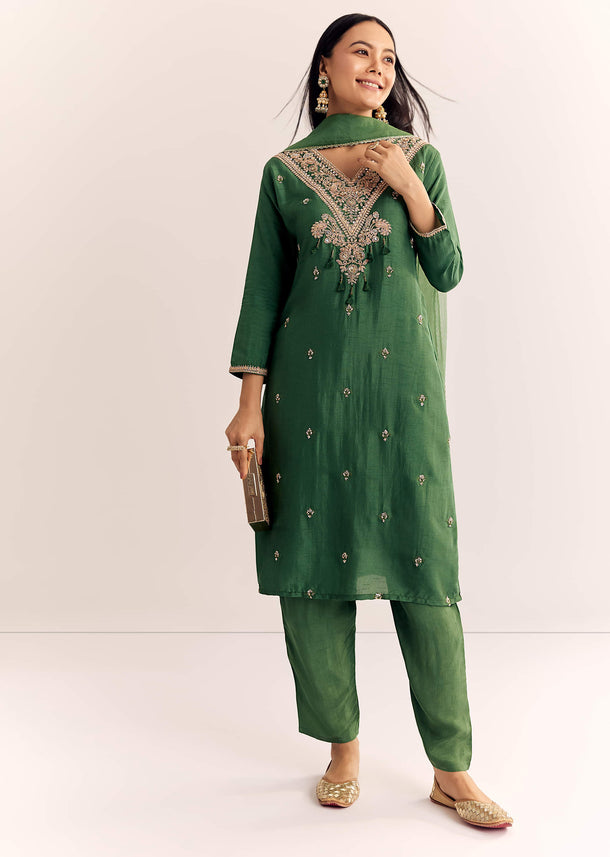Green Zardosi Work Dola Silk Kurta Dupatta Suit