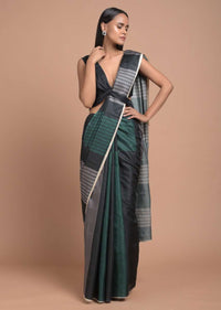 Green, Black And Grey Saree In Silk Blend With Color Block Print And Striped Pallu Online - Kalki Fashion