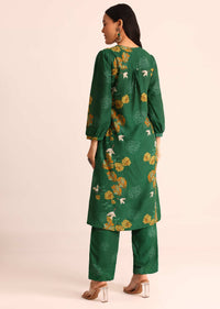 Green Abstract Printed Chanderi Kurti And Pant