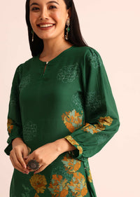 Green Abstract Printed Chanderi Kurti And Pant