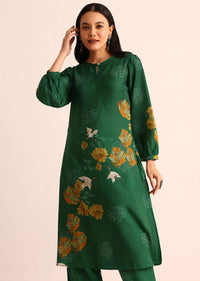 Green Abstract Printed Chanderi Kurti And Pant