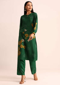 Green Abstract Printed Chanderi Kurti And Pant