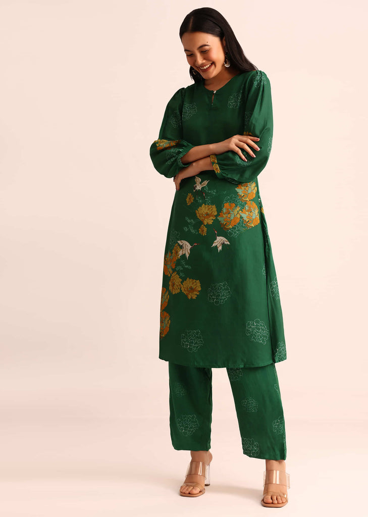 Green Abstract Printed Chanderi Kurti And Pant