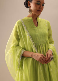 Green Embellished Chanderi Kurta Set With Organza Dupatta