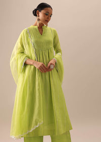 Green Embellished Chanderi Kurta Set With Organza Dupatta