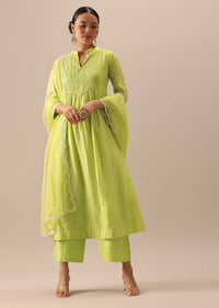 Green Embellished Chanderi Kurta Set With Organza Dupatta