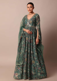 Green Anarkali Suit With Intricate Mirror Work