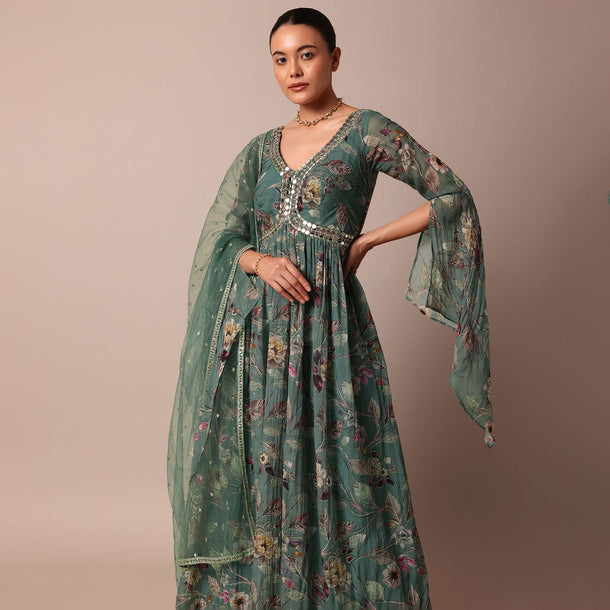 Green Anarkali Suit With Intricate Mirror Work