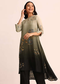 Green And Black Floral Printed Ombre Kurti And Pant