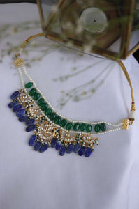 Green And Blue Kundan Choker In Gold Plated Silver Alloy