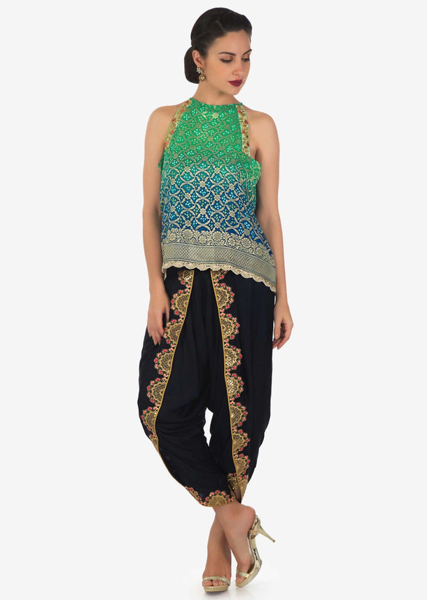 Green and blue shaded top with navy blue dhoti pants in resham and zari work only on Kalki