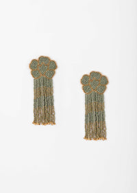 Green And Gold Earrings With Beads Work In Floral Motifs And Fringe Detail
