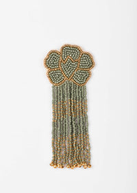 Green And Gold Earrings With Beads Work In Floral Motifs And Fringe Detail