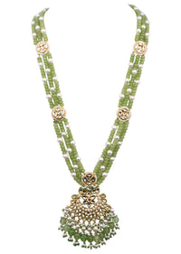 Green And Gold Kundan Polki Long Necklace Set In Mix Metal