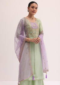 Green And Lavender Embroidered Kurta Palazzo Set