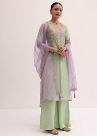 Green And Lavender Embroidered Kurta Palazzo Set