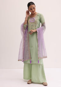 Green And Lavender Embroidered Kurta Palazzo Set