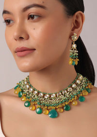 Green And Orange Necklace Set With Bead Drops And Studded Kundan Polki