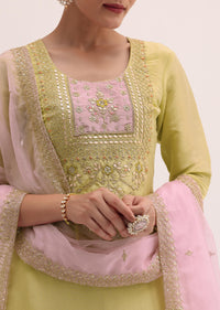 Green And Pink Embroidered Kurta Palazzo Set