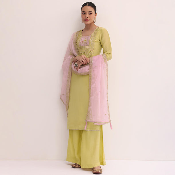 Green And Pink Embroidered Kurta Palazzo Set