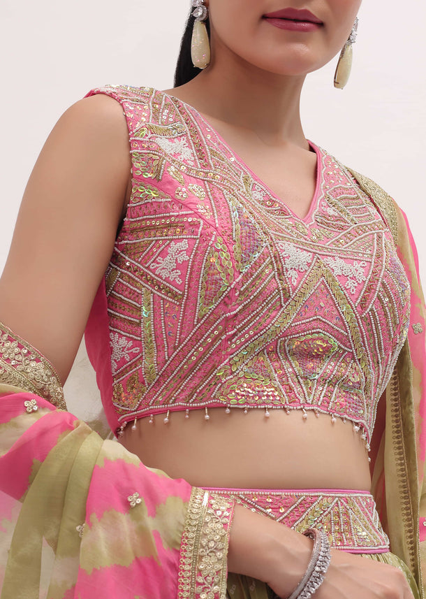 Green And Pink Lehenga With Embroidered Choli And Dupatta