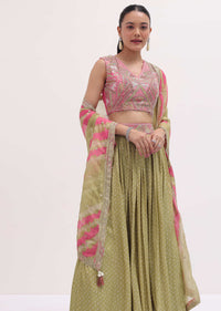 Green And Pink Lehenga With Embroidered Choli And Dupatta