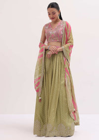 Green And Pink Lehenga With Embroidered Choli And Dupatta