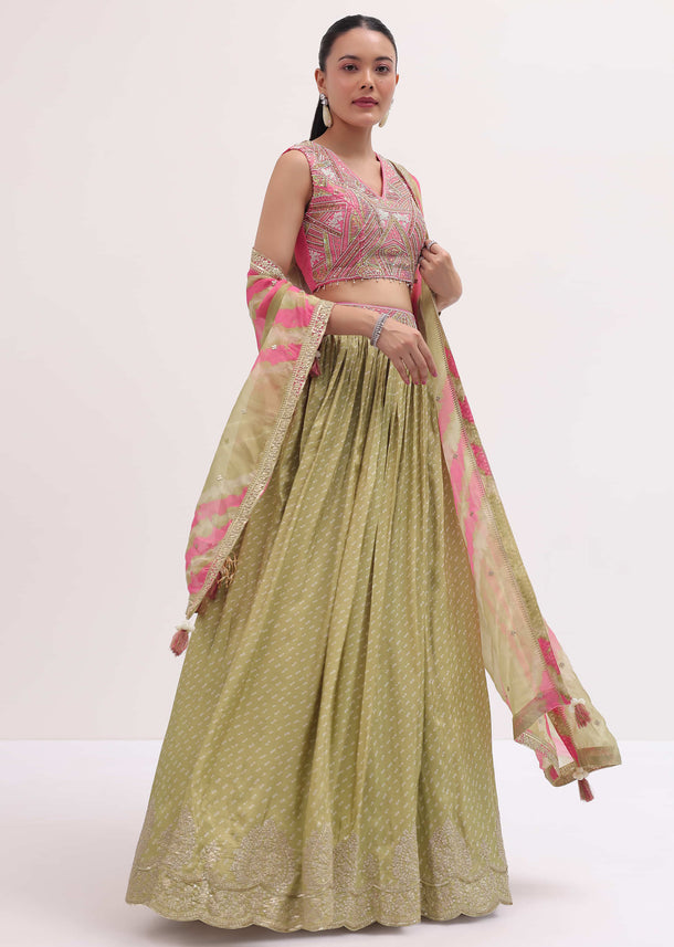 Green And Pink Lehenga With Embroidered Choli And Dupatta