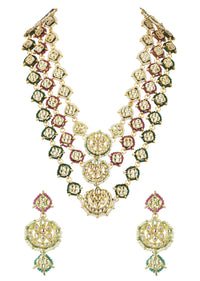 Green And Red Layered Kundan Necklace Set In Mix Metal