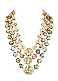 Green And Red Layered Kundan Necklace Set In Mix Metal